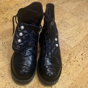 CHANEL Black Leather Boots with Pearl Details